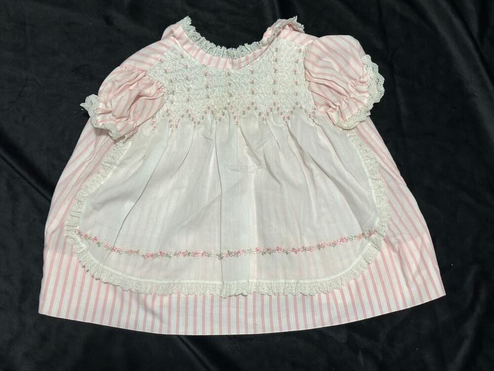 1980s Pink and White Striped Smocked Baby Girl Dress ~ 260825-WH 833